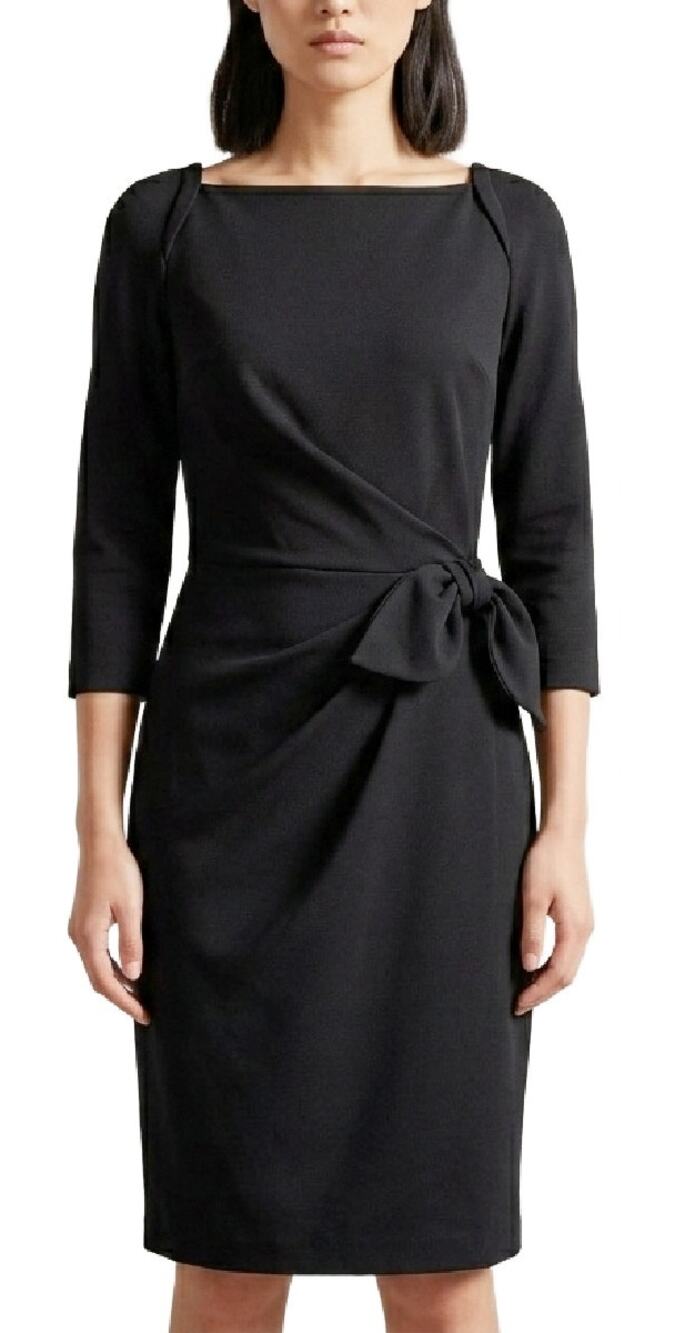 TED BAKER Black Sheath Dress US 6 Bow Boatneck 3/4 Sleeve Minimalist Work